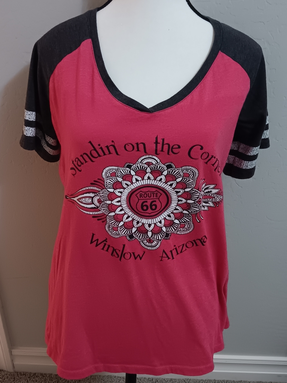 Pink Route 66 Graphic V-Neck Raglan Tee
